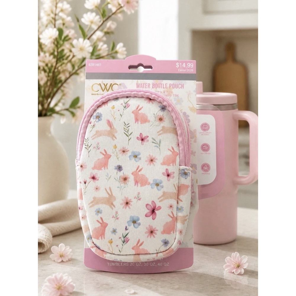 CWC Bunny Water Bottle Pouch Pink Floral Neoprene NWT